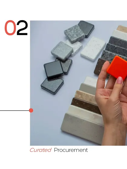 Curated procurement is a critical stage. I guide my clients through material selection, presenting a carefully chosen palette of tiles, finishes, and textures that will define the project's aesthetic.