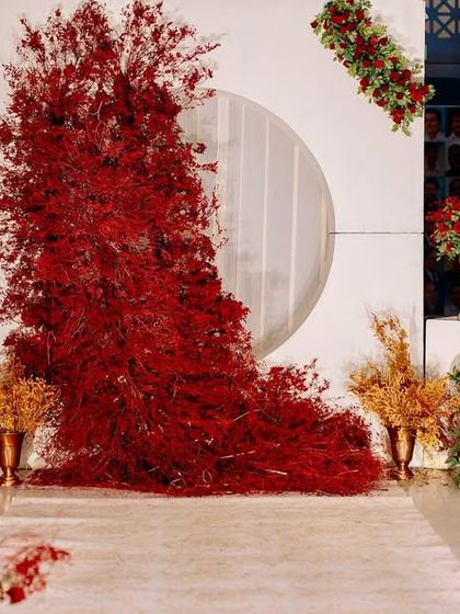 A stunning and artistic installation of cascading red foliage against a clean white wall with a circular cutout, serving as a modern and dramatic photo backdrop.