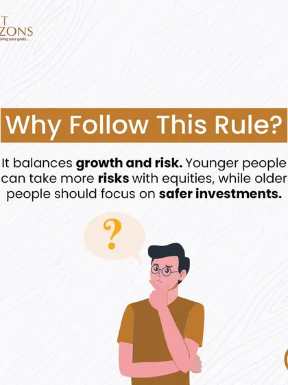 This slide explains the rationale behind the "100 Minus Age Rule." It clarifies that the rule helps balance growth and risk, allowing younger people to take more risks with equities while older people focus on safer investments.