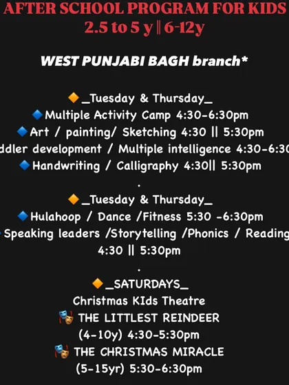 Our detailed after-school program schedule for the West Punjabi Bagh branch, including timings for multiple activities, art, and theatre.