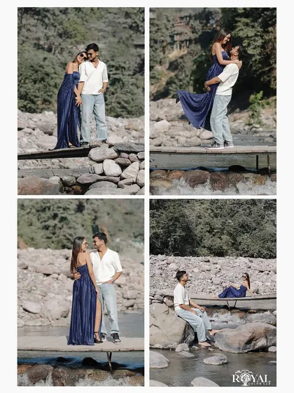A four-panel collage capturing a couple's playful and romantic moments on a rustic wooden bridge over a stream.