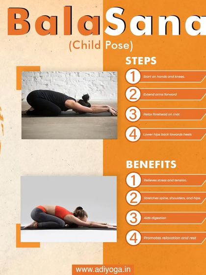 This instructional graphic breaks down Balasana (Child's Pose). It's a go-to pose for relieving stress and tension by stretching the spine, shoulders, and hips.