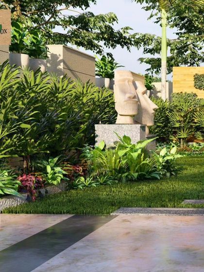 Another angle of the front garden concept, this render shows how pathways and sculptures are integrated within the green space. It helps confirm the flow and focal points of the garden design.
