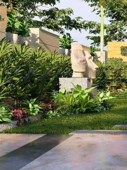 Another angle of the front garden concept, this render shows how pathways and sculptures are integrated within the green space. It helps confirm the flow and focal points of the garden design.