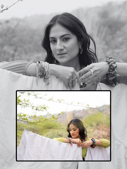 This image from the 'Boho Barren' shoot captures a quiet moment. The styling, with the model interacting with the laundry line, helps build a narrative of daily life within our fashion story.