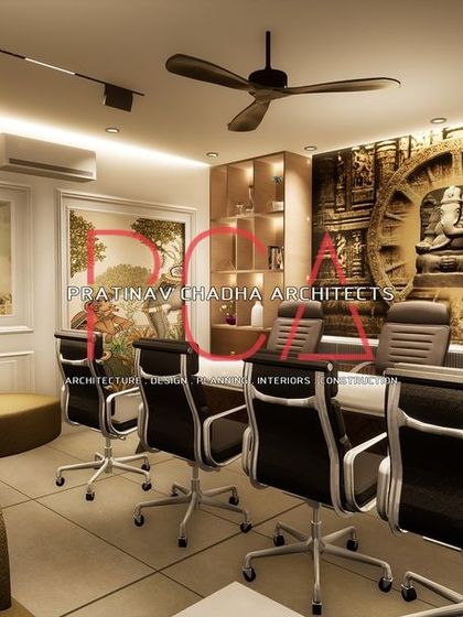 A render showing a side view of the Hari Mandir conference room, highlighting the blend of spiritual art, modern furniture, and comfortable seating areas.