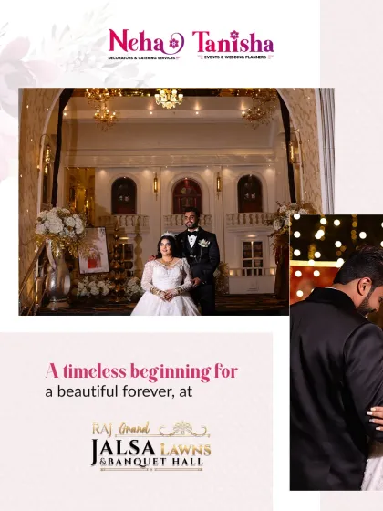 A timeless beginning for a beautiful forever. This couple's portrait at Raj Grand Jalsa Lawns showcases the classic elegance of the venue, which we enhance with our sophisticated decor.