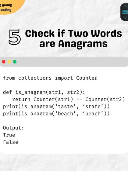 Python String Hack 5: Checking if two words are anagrams. By using the Counter object from the collections library, you can solve this classic problem in a very Pythonic way.