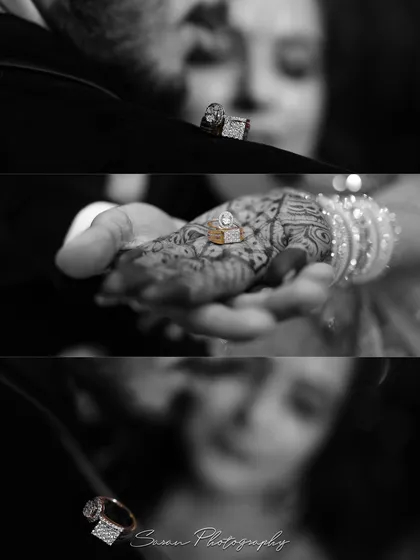 A black and white collage focusing on the engagement rings, with artistic shots of the rings on the hand and on the groom's shoulder.