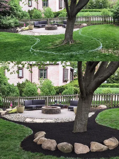 This is a great example of how finishing touches make all the difference. The top photo is the yard with just the patio. In the bottom photo, you can see how adding a flowing mulch bed with a natural stone border really completes the space.