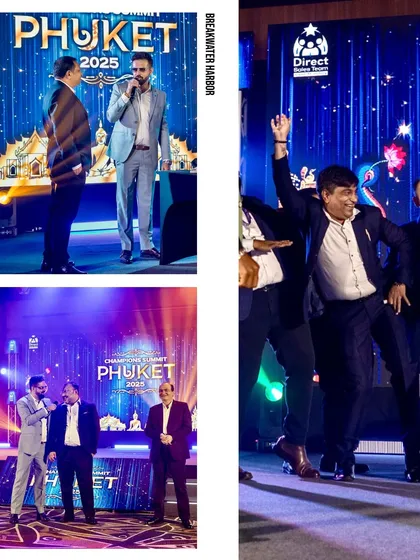 A collage of my interactions on stage in Phuket, from formal announcements to sharing a laugh with the leadership team.