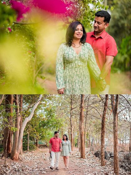 A collage showing a couple enjoying a walk through the woods, perfect for those who love nature and outdoor photoshoots.