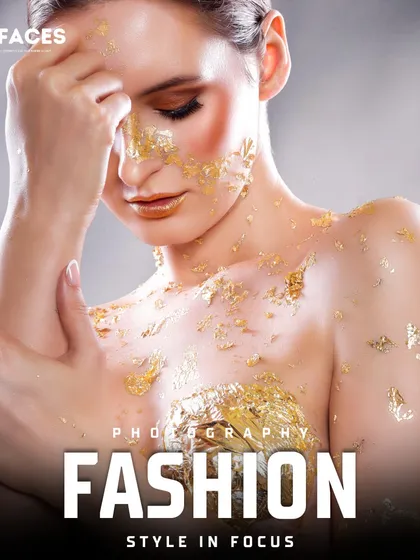 A model is captured with gold leaf applied to her skin, creating a textured, luxurious look. This type of creative beauty photography is perfect for high-end cosmetic brands or magazine spreads.