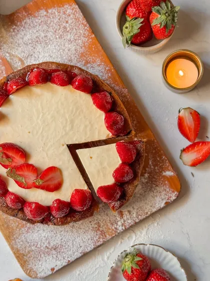 Our Strawberry Crème Brûlée Tart, sliced to show the creamy custard filling and the layer of strawberries at the bottom. It's a creative and delicious twist on two classic desserts.