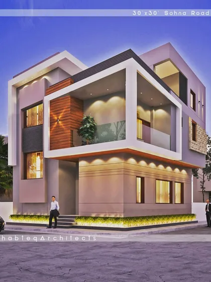 An upcoming residential project for a 30x30 plot on Sohna Road. The design features a prominent framed balcony that cantilevers out, creating a powerful architectural statement with a mix of wood, glass, and solid planes.