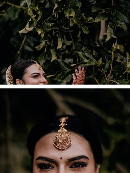 A collage of a bride's portraits, focusing on the details of her makeup and jewelry.