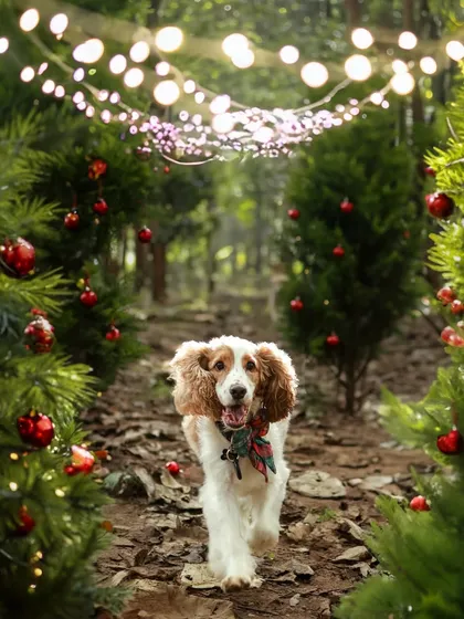 I can create a magical Christmas wonderland for your pet, even outdoors! This beautiful cocker spaniel is walking through a festive forest path we set up, complete with twinkling lights and ornaments. It’s a perfect way to capture the holiday spirit.