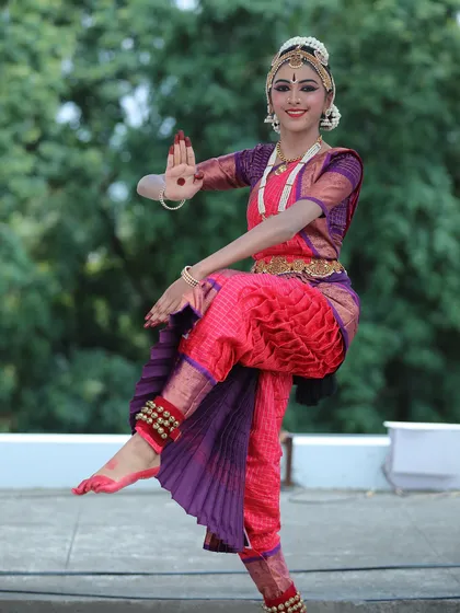 Deekshitha Muthusamy is a very talented dancer who recently completed her Arangetram in Coimbatore. This pose showcases her excellent form and flexibility.