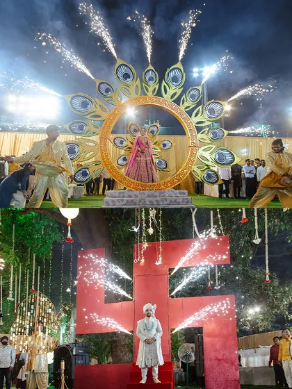 I love creating unique and personalized entry concepts. The bride entered through a spectacular peacock-themed structure with pyrotechnics, while the groom stood before a large, auspicious Swastika, blending tradition with modern spectacle.