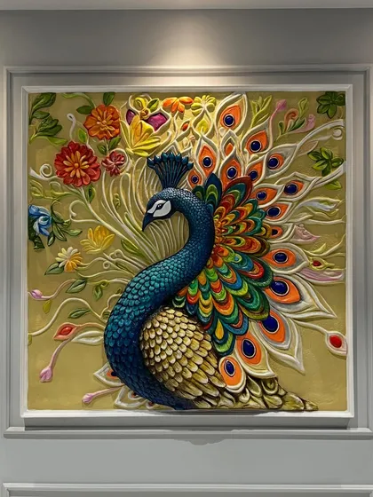 I find so much peace in creating detailed pieces like this 3D peacock mural. The vibrant colors and intricate textures are designed to make it a stunning centerpiece for any home.