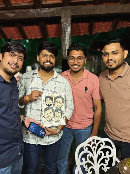 Another group of friends happy with their caricature keepsake from a fun get-together.