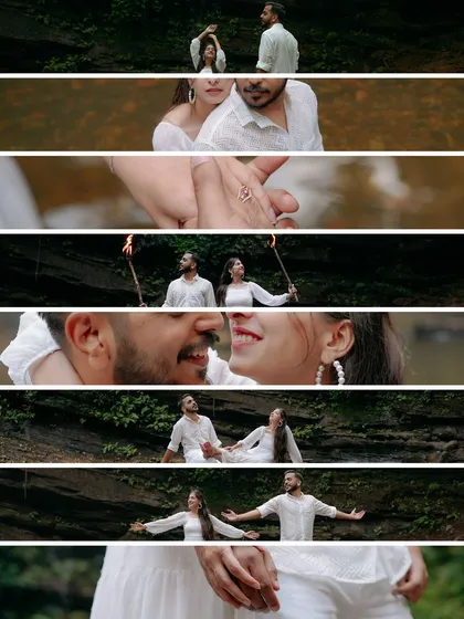 A cinematic film-strip style collage. This format tells a story of their day, from holding hands and using torches to sharing laughs and intimate embraces.