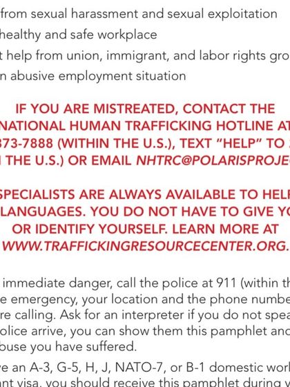 This document outlines your fundamental rights in the U.S., including the right to a safe workplace and freedom from harassment. It also provides contact information for trained specialists who can help in over 200 languages.