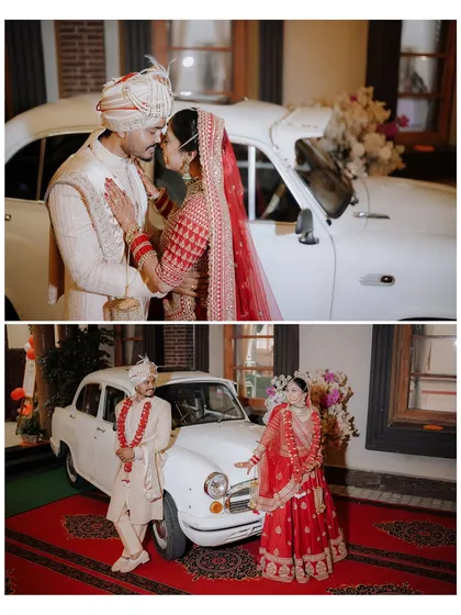 A couple's portrait with a vintage Ambassador car. This classic prop adds a touch of nostalgia and cinematic flair to their wedding photos.