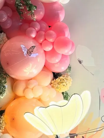 A close-up of the balloon details, with delicate butterfly stickers and hints of greenery tucked in for a natural, garden-like feel.