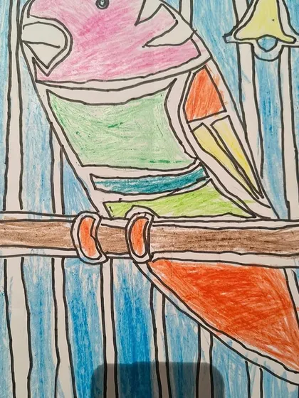 This parrot drawing shows great attention to detail in the feathers and the cage, demonstrating the student's focus and patience.
