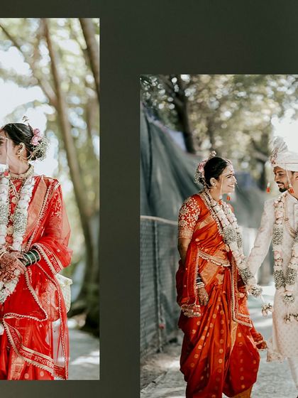 A collage showing a couple's wedding portraits, highlighting their loving interactions and traditional attire.
