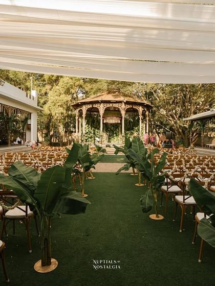 The aisle leading to the Colonial Bandstand, lined with large banana leaves and ready for the ceremony.