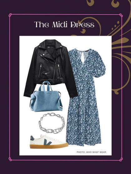 Your summer midi dress can be perfect for autumn. Just add a leather jacket and some cool sneakers for an edgy yet comfortable transitional outfit.
