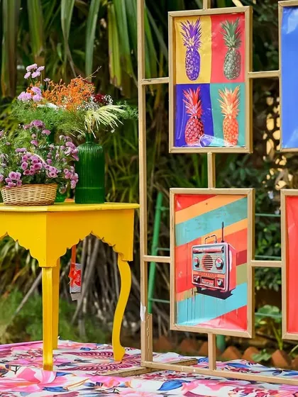 A closer look at the pop-art wall, featuring retro-cool designs like ice creams and boomboxes.