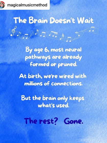 This graphic explains a critical concept: the brain doesn't wait. Early childhood is when neural pathways for music are formed, and consistent exposure helps solidify these important connections.