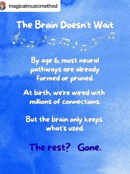 This graphic explains a critical concept: the brain doesn't wait. Early childhood is when neural pathways for music are formed, and consistent exposure helps solidify these important connections.