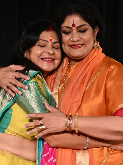 The arangetram is a community event, blessed by the presence of esteemed artists and rasikas. Here, I share a warm moment with the celebrated artist Malini Awasthi.