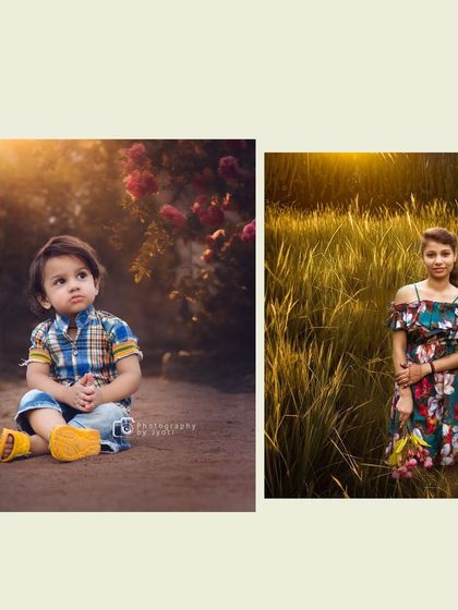 A collage showcasing two different outdoor portrait styles, one with a toddler on a path and another of a young girl in a sunlit field.
