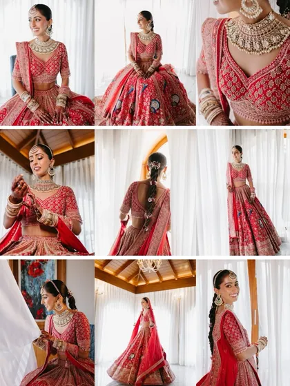 A comprehensive collage of a bride's getting ready moments, showcasing her full attire, hairstyle, and radiant smiles from various angles.