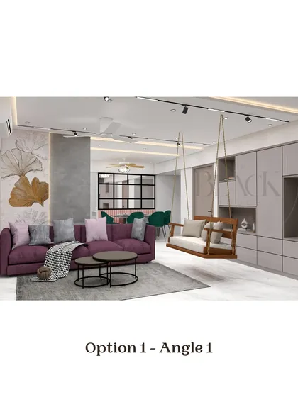 Here is 'Option 1' for the same living room, featuring a purple sofa and a different style of storage unit. This demonstrates our flexibility in exploring different color palettes and furniture configurations.