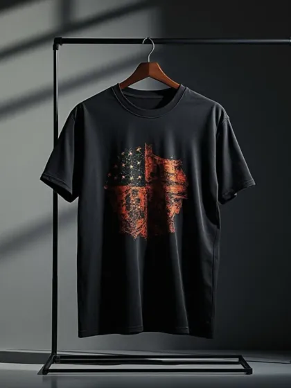 A dark graphic t-shirt on a clothing rack with dramatic, moody lighting, creating a high-end, editorial feel for brand lookbooks or social media.