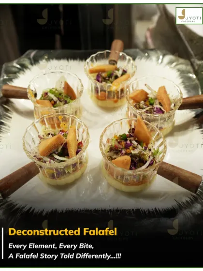 A deconstructed falafel served in individual glass cups. This modern interpretation separates the elements of the classic dish for a unique and sophisticated tasting experience.