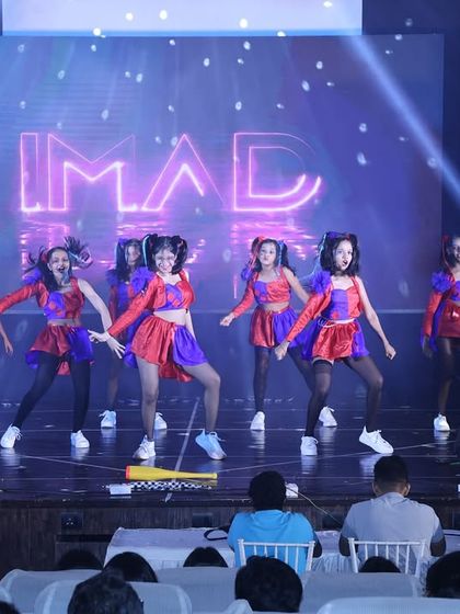 A wide view of the "Harley Quinn's" performance, capturing the professional stage lighting and the energy of the dancers.