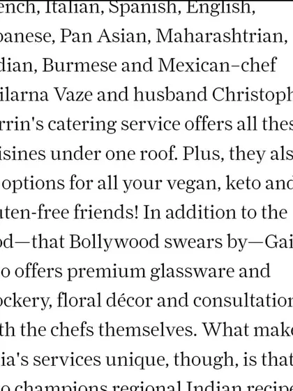 A snippet from a feature article highlighting our diverse culinary offerings, from Pan-Asian to Mexican, and our ability to cater to vegan, keto, and gluten-free diets. It also mentions our bespoke services like crockery and decor.