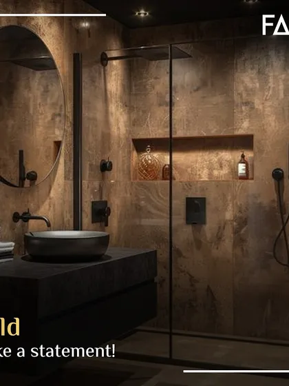 For those who love to make a statement, I design bold, contemporary vanities. This setup uses dramatic, dark stone textures and matte black fixtures to create a powerful, moody aesthetic that is unapologetically modern.