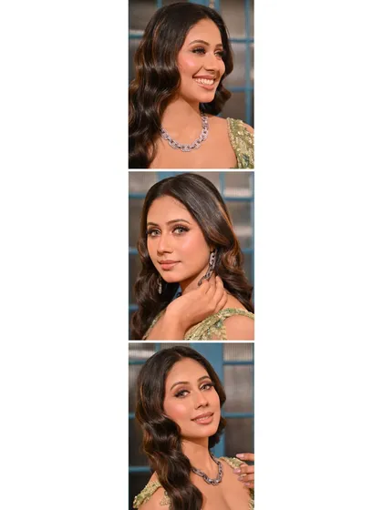 A collage showcasing a soft glam look. This style features rosy lids, peachy nude lips, fluttery lashes, and dreamy waves, paired with a royal green outfit.