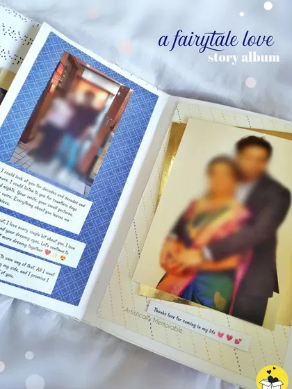 A page from a 'fairytale love story' album, with space for photos and longer, handwritten-style love notes.
