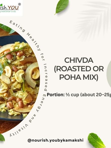 This roasted poha mix, or chivda, is a light and crunchy Indian snack. A half-cup portion is a great way to satisfy cravings for something savory without overdoing it on calories.