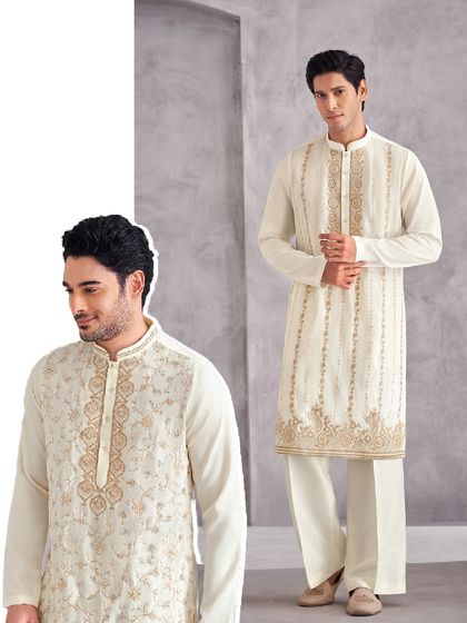 Two variations of our intricately embroidered ivory kurta. Whether you prefer gold or green threadwork, each piece is handcrafted to echo the elegance of tradition.