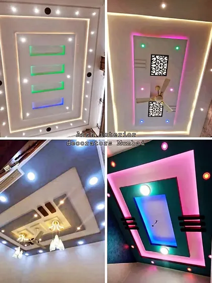 A collection of false ceiling designs for bedrooms, showing different ways to use colored lights and modern patterns.